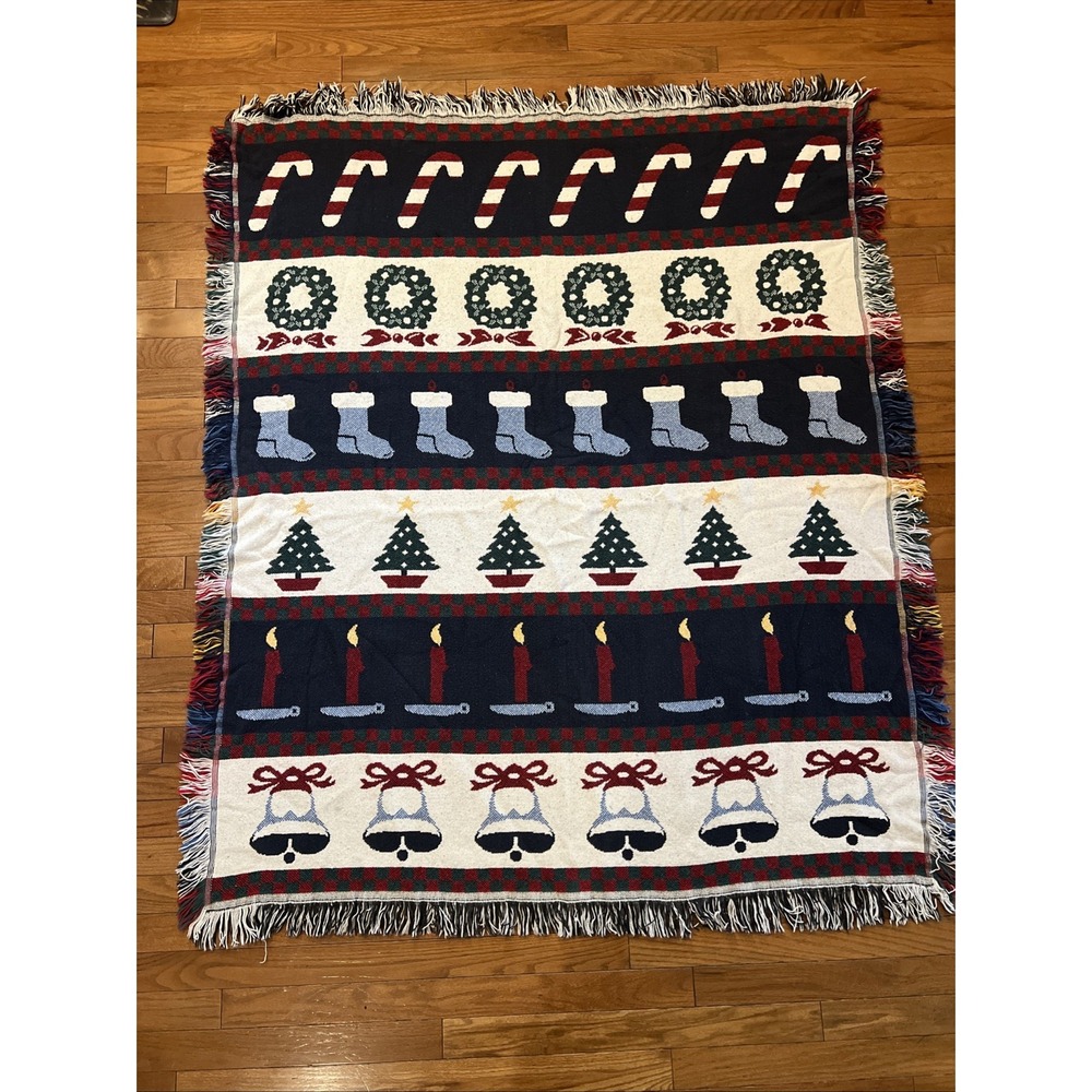 Vintage Crown Crafts Christmas Cotton Throw Blanket 46x56 Candy Cane Tapestry